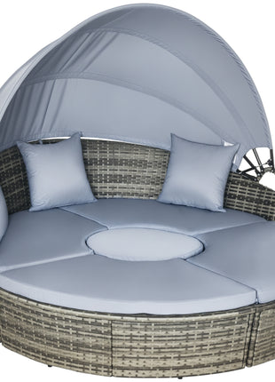 4 Piece Round Rattan Daybed, Convertible Patio Furniture Set, Adjustable Sun Canopy, Sectional Outdoor Sofa, 2 Chairs, Extending Tea Table Ottoman Chair, 3 Pillows, Light Gray