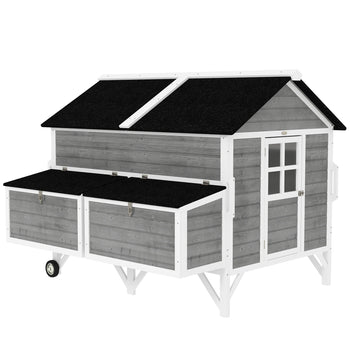 59" Wooden Chicken Coop w/ Wheels, Handles, 2 Nesting Boxes, 2 Trays, 4 Perches, Chicken Tractor for 4-6 Chickens, Gray