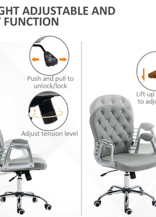 Button Tufted Desk Chair, Home Office Chair with Padded Armrests, Adjustable Height and Swivel Wheels, Gray