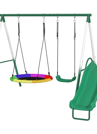 Metal Swing Set with Slide, Saucer Swing Seat, Heavy Duty A-Frame Stand and Adjustable Rope for Backyard, Dark Green