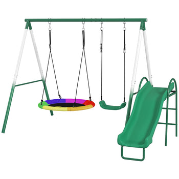 Metal Swing Set with Slide, Saucer Swing Seat, Heavy Duty A-Frame Stand and Adjustable Rope for Backyard, Dark Green