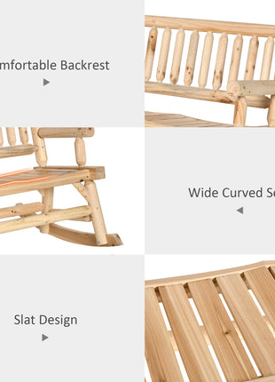 2-Person Wood Rocking Chair with Log Design, Heavy Duty Loveseat with Wide Curved Seats for Patio, Backyard, Garden, Natural
