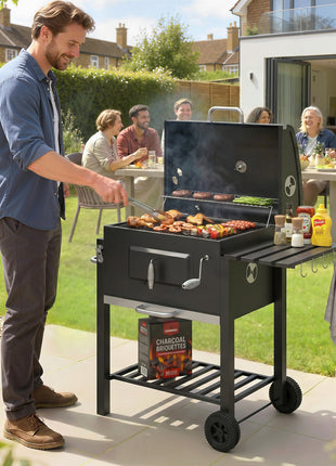Charcoal BBQ Grill and Smoker Combo Outdoor Portable Trolley Camping Picnic Backyard with Side Shelf, Black