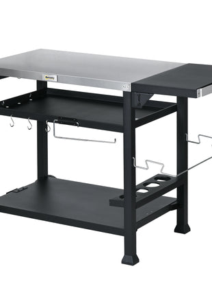 3-Shelf Outdoor Grill Cart Table with Foldable Side Table, Stainless Steel Pizza Oven Stand on Wheels, Black