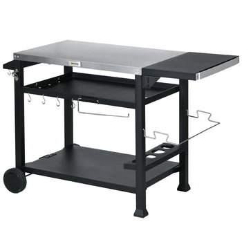 3-Shelf Outdoor Grill Cart Table with Foldable Side Table, Stainless Steel Pizza Oven Stand on Wheels, Black