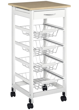 Mobile Kitchen Cart, Rolling Kitchen Island with Storage, Solid Wood Frame Utility Cart with Wire Fruit Baskets and Drawer, White