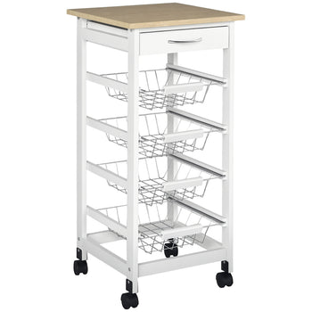 Mobile Kitchen Cart, Rolling Kitchen Island with Storage, Solid Wood Frame Utility Cart with Wire Fruit Baskets and Drawer, White