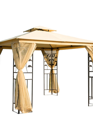  10' x 10' Metal Patio Gazebo, Double Roof Outdoor Gazebo Canopy Shelter with Tree Motifs Corner Frame and Netting, for Garden, Lawn, Backyard, and Deck, Beige
