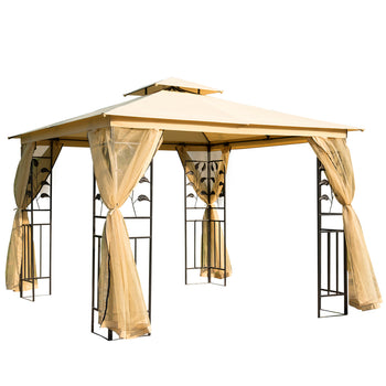  10' x 10' Metal Patio Gazebo, Double Roof Outdoor Gazebo Canopy Shelter with Tree Motifs Corner Frame and Netting, for Garden, Lawn, Backyard, and Deck, Beige