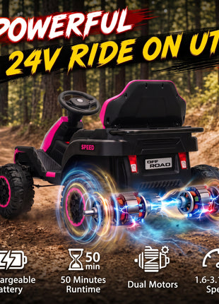 24V Kids Electric Ride On Car with Dual Motors, Remote Control, 4-Wheel Suspension, Soft Start for 3-6 Years, Pink