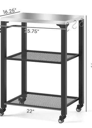 3-Shelf Outdoor Grill Cart with Stainless Steel Tabletop, Movable Pizza Oven Table with Hooks, Side Handle, Wheels