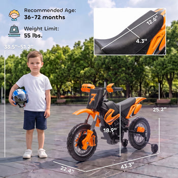 12V Kids Motorcycle, 2 x 35W Electric Dirt Bike with Training Wheels, Rear Suspension, Horn for 3-6 Years, Orange
