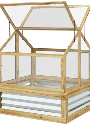 Raised Garden Flower Bed Kit with Greenhouse, Wooden Cold Frame Planter, 35.5" x 31.5" x 36", Natural