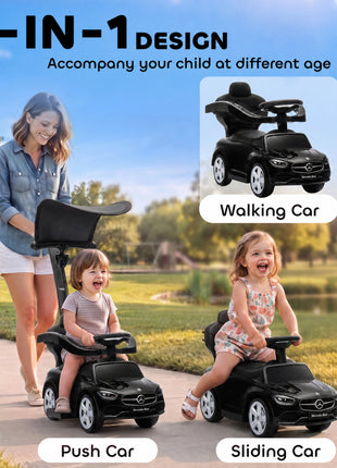 4 in 1 Toddler Push Car Licensed Benz with Push Handle, Guardrails, Canopy, Horn, Music, Storage for 18-36 Months, Black