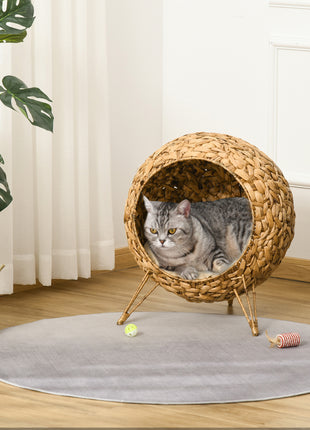 20.5" Weaved Cat Bed, Elevated Hand-woven Braided Banana Leaf Kitten House Condo with Cushion, Natural