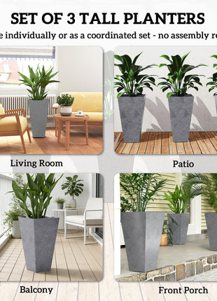 28" Tall Planters, Set of 3 Plastic Flower Pots with Marble Finish and Drainage Holes, Stackable Taper Planters, Gray