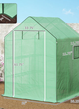 4.6' x 4.7' Portable Greenhouse, Water/UV Resistant Walk-In Small Outdoor Green House with 2 Tier U-Shaped Flower Rack Shelves, Roll Up Door & Windows, Green