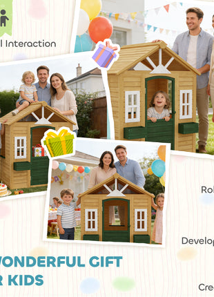 Outdoor Playhouse, Wooden Kids Playhouse with Door, 3 Windows, 2 Flower Boxes for Garden, Indoor Playroom, Ages 3–8