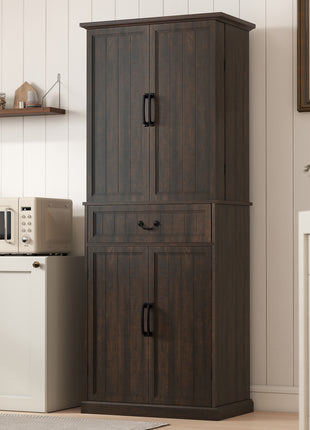 71" LED Kitchen Pantry Cabinet, Farmhouse Storage Cabinet with Door Shelves, Distressed Brown