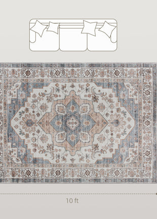8x10 Area Rug, Vintage Machine Washable Rug, Non-Slip Carpet for Living Room, Bedroom, Dining Room, Brown & Light Blue