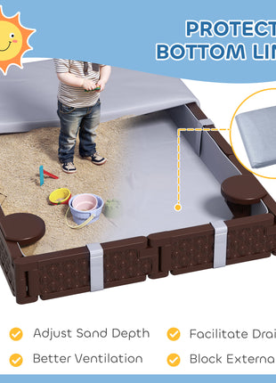 Kids Sandbox with Cover, 4 Corner Seats, Bottom Liner for Backyard, Garden, Outdoor, 73" x 47" x 9", Dark Brown