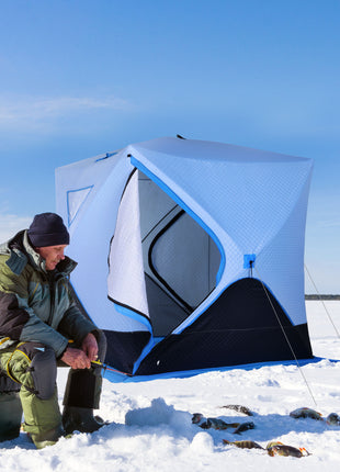 4 Person Ice Fishing Shelter, Pop-Up Ice Shanty Tent, Insulated Portable Tent with 2 Doors & Carrying Bag, Light Blue