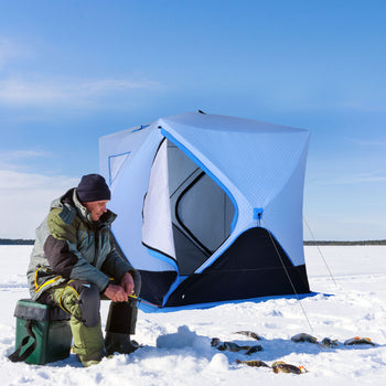 4 Person Ice Fishing Shelter, Pop-Up Ice Shanty Tent, Insulated Portable Tent with 2 Doors & Carrying Bag, Light Blue