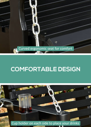 Porch Swing with Chains and Cupholders, 2 Person Wooden Patio Swing Chair, 440 lbs. Weight Capacity, for Garden, Poolside, Backyard, Black
