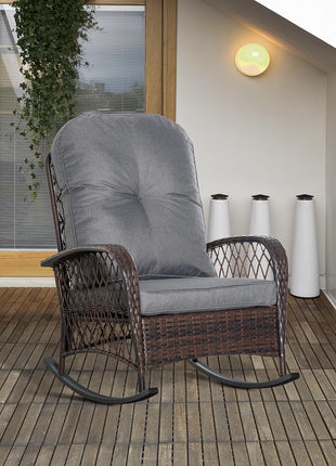 Rattan Porch Rocker w/ Plush Cushion, Gray