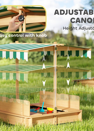 Wooden Kids Sandbox with Cover, Children Outdoor Sand Box with Foldable Bench Seats and Adjustable Canopy