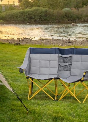 Loveseat Style Camping Chair, Oversized Folding Lawn Chair with Carry Bag & Cup Holders, for Outdoor, Navy Blue & Gray