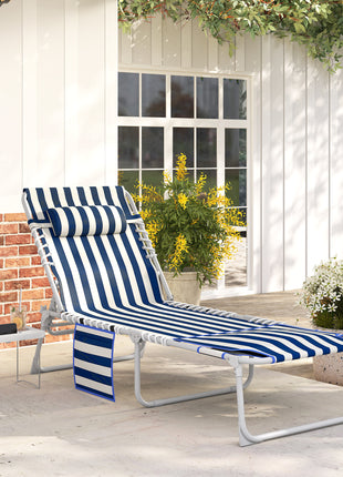 Tanning Chair with Face Hole and Side Table, 5-Position Folding Outdoor Chaise Lounge Chair, Blue and White