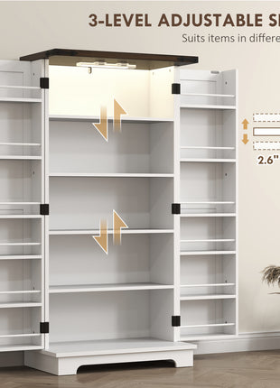 47" Kitchen Cabinet with Sensing LED Light, Kitchen Pantry Cabinet with Doors, Adjustable Shelves, Door Shelves, White