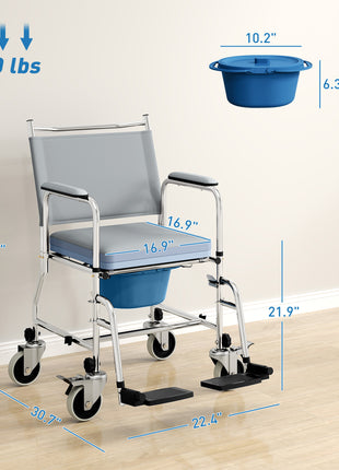 Rolling Shower Chair, Bedside Commode Wheelchair with Padded Seat, Backrest, for Seniors, Disabled, 300 lbs, Gray