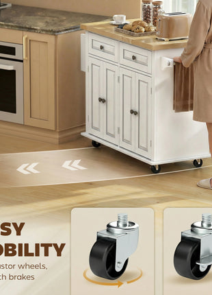 44" Mobile Kitchen Island Table, Kitchen Island Cart on Wheels with Storage Cabinets, 2 Drawers, White