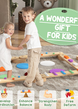 Kids Balance Beam, Wooden Balance Board with Stepping Stone for 3-8 Years