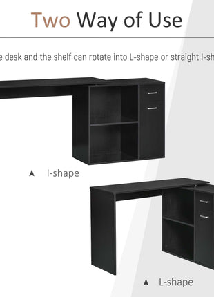 L Shaped Computer Desk, 180° Rotating Corner Desk with Storage Shelves, Drawer and Cabinet, Study Workstation for Home Office, Black