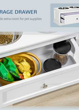 Large Elevated Dog Bowls with Storage Drawer Containing 11L Capacity, Raised Dog Bowl Stand Pet Food Bowl Dog Feeding Station, White