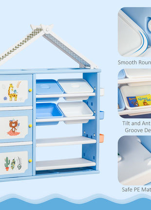Kids Toy Storage Organizer with 4 Bins, Storage Cabinets, Bookshelf and 4-Layers Toy Collection Shelves, Blue