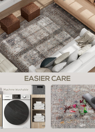 Machine Washable Area Rug 5x7, Non-Slip Traditional Floor Cover Foldable Carpet for Living Room, Dark Mixed-Brown