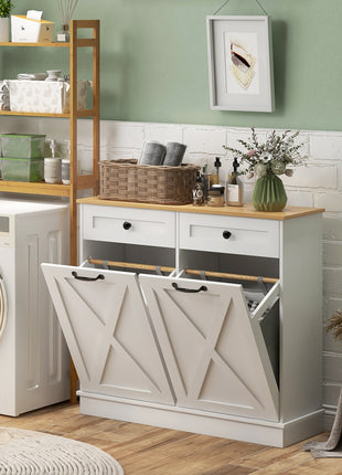 Tilt Out Laundry Hamper Cabinet, Bathroom Storage Cabinet with 2 Removable Baskets and 2 Drawers, White