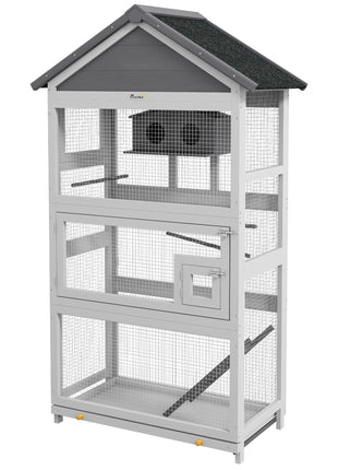 Wooden Bird Aviary with Slide-Out Tray, Birdhouse, Ladder, Perches for Finches, Parakeets, Gray