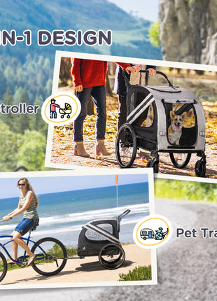 2-in-1 Pet Bike Trailer for Small Medium Dogs, Road-Visibility Dog Stroller Bicycle Carrier, Weather-Strong Bike Wagon Trailer Sidecar Attachment, Gray