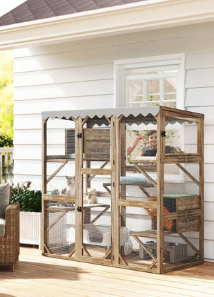 Outdoor Cat Enclosure with Window Access, 5 Platforms and 2 Resting Boxes, Waterproof Roof for Multiple Cats, Brown