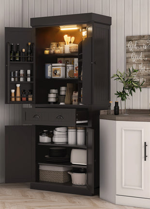 71" Kitchen Pantry Cabinet with LED Lights, 6 Door Shelves, a Drawer and 4 Adjustable Shelves, Black