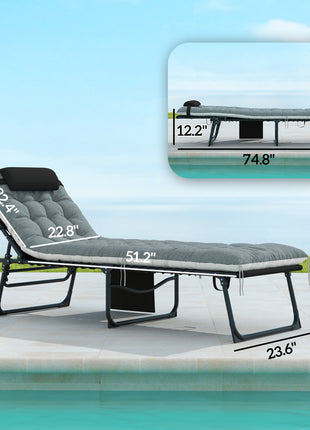 Outdoor Chaise Lounge Chair Set of 2, 5-Level Adjustable Folding Pool Lounge Chairs with Cushions, Black/Gray