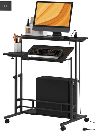 Adjustable Standing Desk with Power Outlets, Stand Up Desk with Tiltable Tabletop, Wheels, Shelf, for Home Office, Black