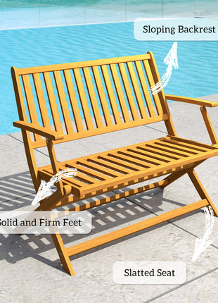 2-Person Foldable Wood Outdoor Bench with Backrest and Armrests for Garden, Porch, Park, Balcony, Teak