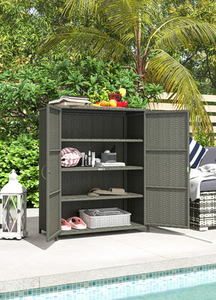 Rattan Wicker Outdoor Storage Cabinet with 4 Shelves and 2 Doors for Garden Pool Towel Storage, Dark Gray