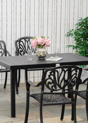 Outdoor Dining Table for 6 Person, Rectangular Patio Table, Aluminum Metal Legs for Garden, Lawn, Patio, Woodgrain Black